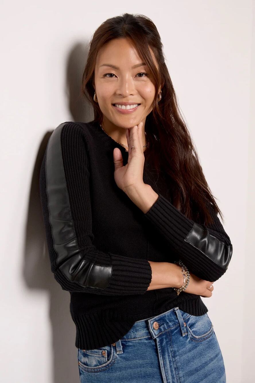NWT Evereve Harlow black sweater with leather detail M